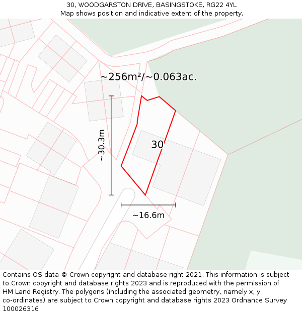 30, WOODGARSTON DRIVE, BASINGSTOKE, RG22 4YL: Plot and title map