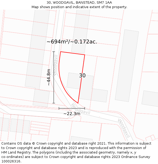 30, WOODGAVIL, BANSTEAD, SM7 1AA: Plot and title map