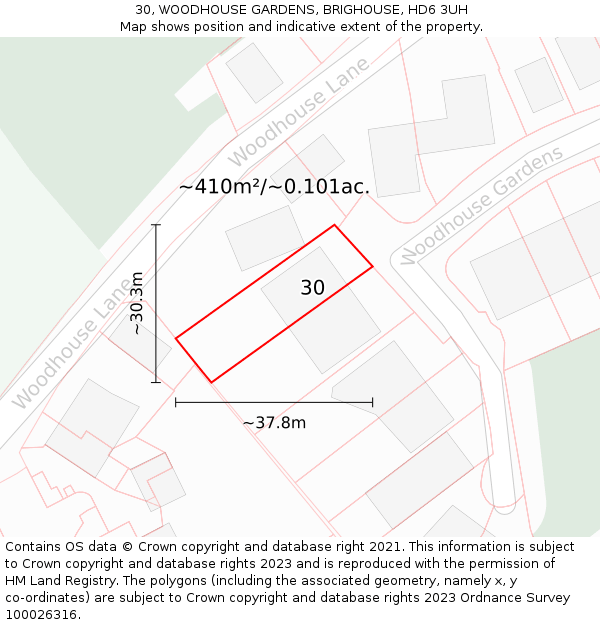 30, WOODHOUSE GARDENS, BRIGHOUSE, HD6 3UH: Plot and title map