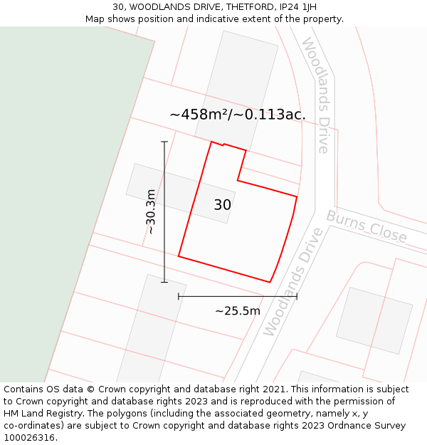 30, WOODLANDS DRIVE, THETFORD, IP24 1JH: Plot and title map