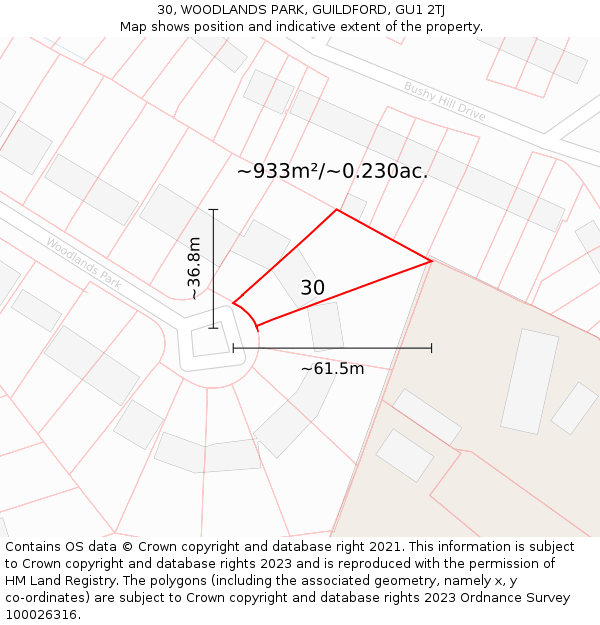 30, WOODLANDS PARK, GUILDFORD, GU1 2TJ: Plot and title map