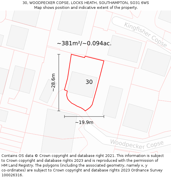 30, WOODPECKER COPSE, LOCKS HEATH, SOUTHAMPTON, SO31 6WS: Plot and title map