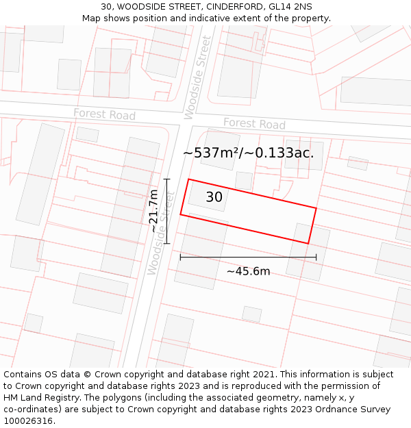 30, WOODSIDE STREET, CINDERFORD, GL14 2NS: Plot and title map