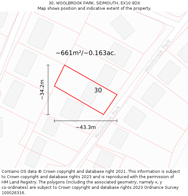 30, WOOLBROOK PARK, SIDMOUTH, EX10 9DX: Plot and title map