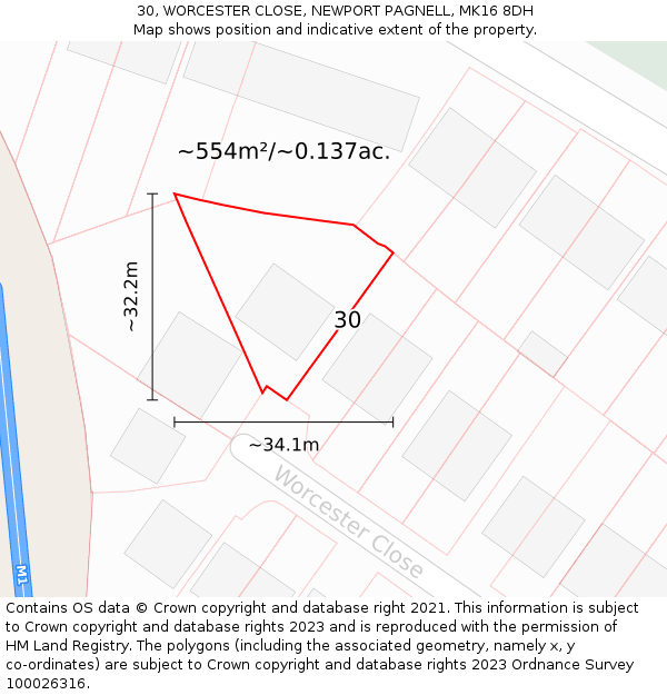 30, WORCESTER CLOSE, NEWPORT PAGNELL, MK16 8DH: Plot and title map