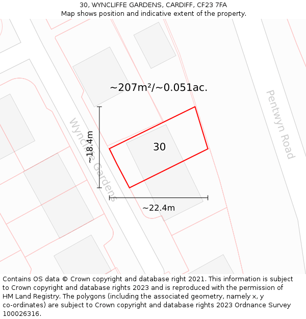 30, WYNCLIFFE GARDENS, CARDIFF, CF23 7FA: Plot and title map