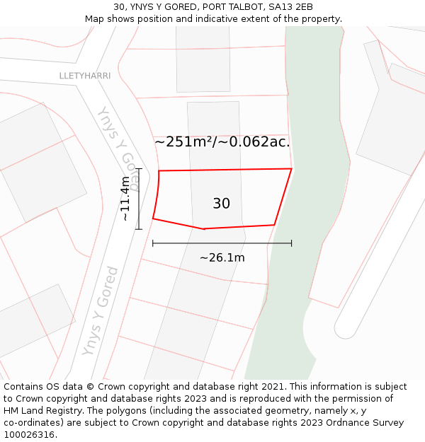 30, YNYS Y GORED, PORT TALBOT, SA13 2EB: Plot and title map