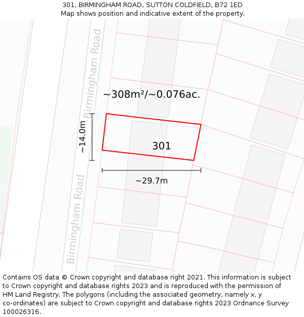 301, BIRMINGHAM ROAD, SUTTON COLDFIELD, B72 1ED: Plot and title map
