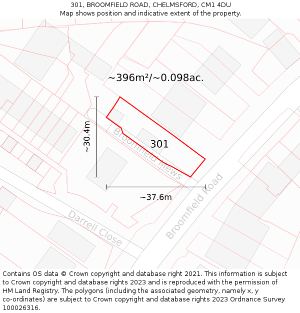301, BROOMFIELD ROAD, CHELMSFORD, CM1 4DU: Plot and title map