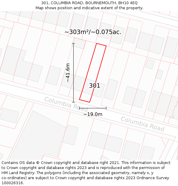 301, COLUMBIA ROAD, BOURNEMOUTH, BH10 4EQ: Plot and title map