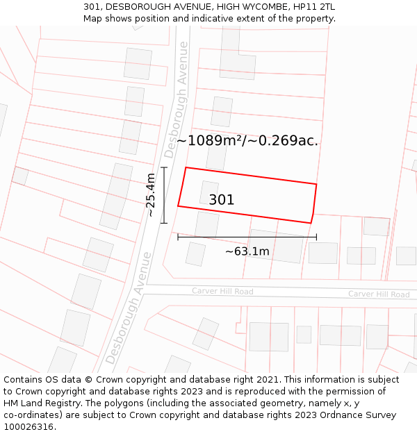 301, DESBOROUGH AVENUE, HIGH WYCOMBE, HP11 2TL: Plot and title map