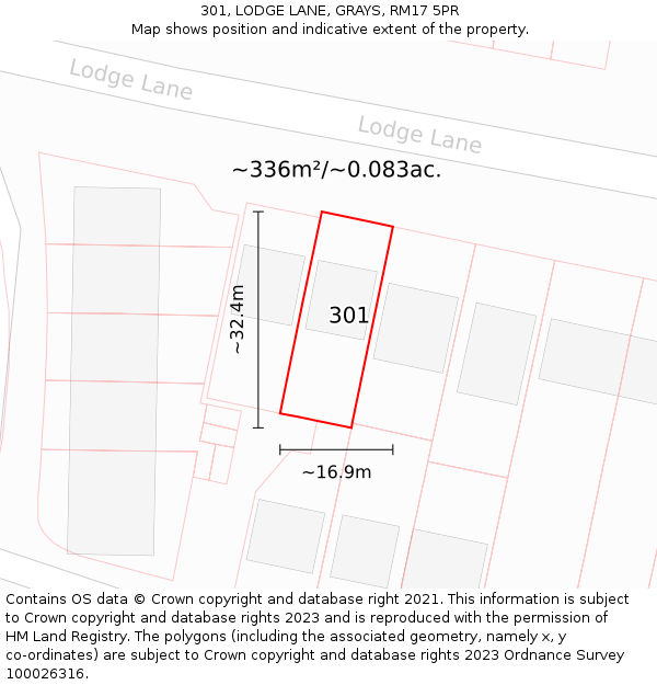 301, LODGE LANE, GRAYS, RM17 5PR: Plot and title map