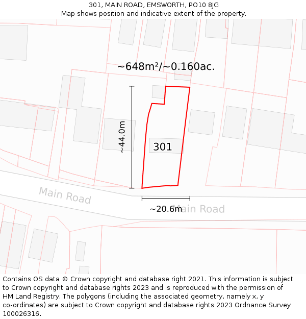 301, MAIN ROAD, EMSWORTH, PO10 8JG: Plot and title map