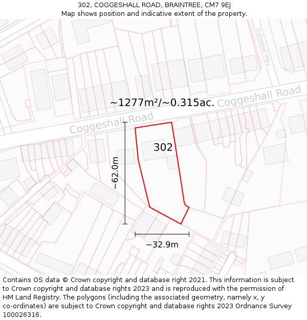 302, COGGESHALL ROAD, BRAINTREE, CM7 9EJ: Plot and title map