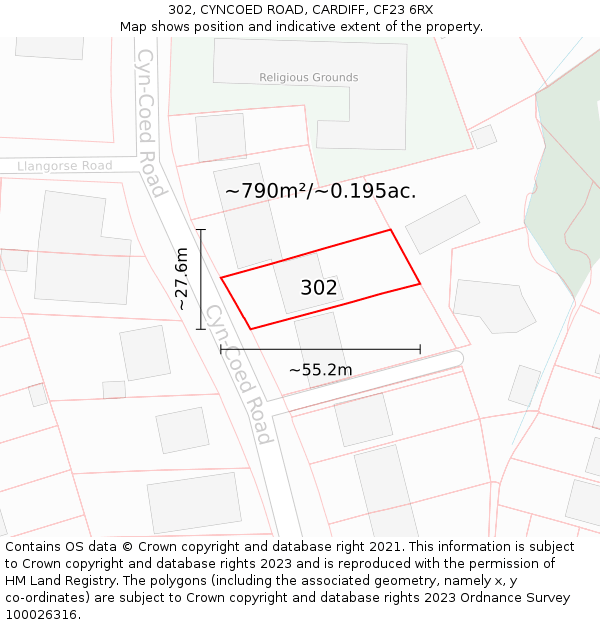 302, CYNCOED ROAD, CARDIFF, CF23 6RX: Plot and title map