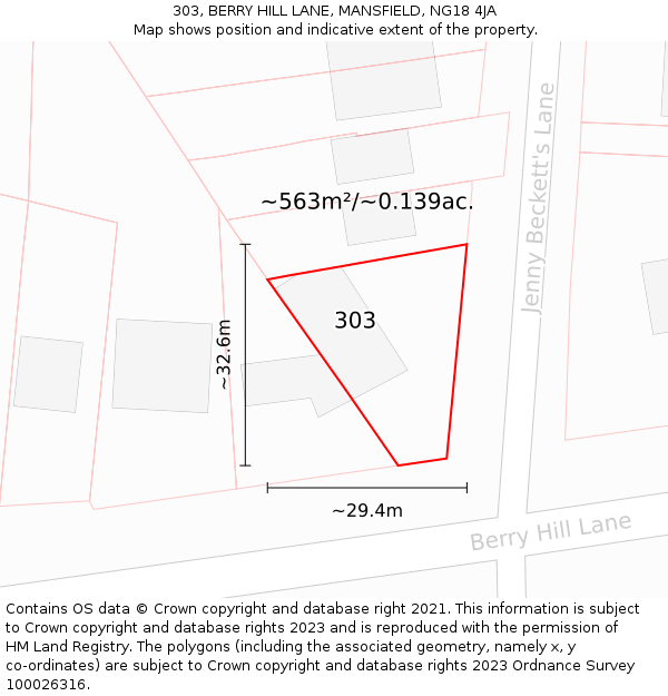 303, BERRY HILL LANE, MANSFIELD, NG18 4JA: Plot and title map