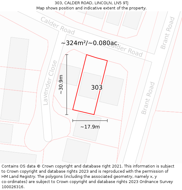 303, CALDER ROAD, LINCOLN, LN5 9TJ: Plot and title map