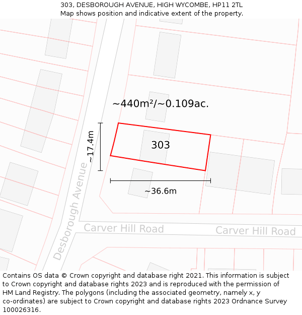 303, DESBOROUGH AVENUE, HIGH WYCOMBE, HP11 2TL: Plot and title map