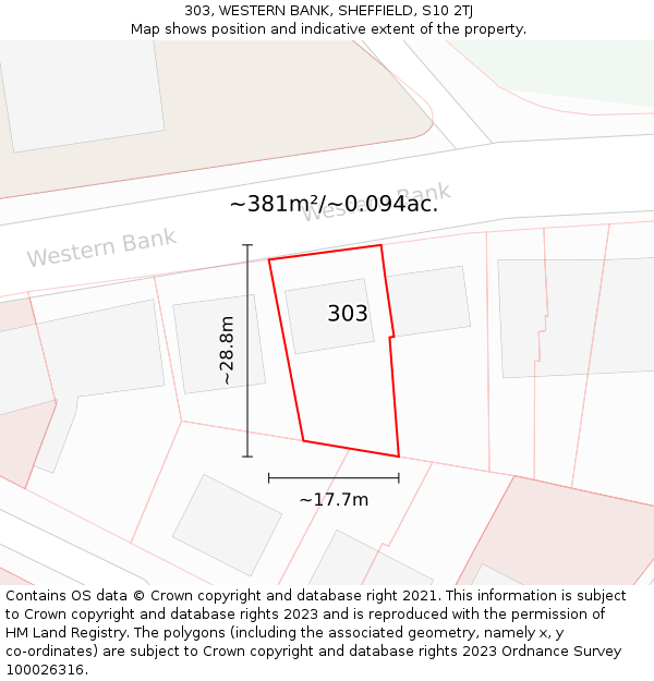 303, WESTERN BANK, SHEFFIELD, S10 2TJ: Plot and title map