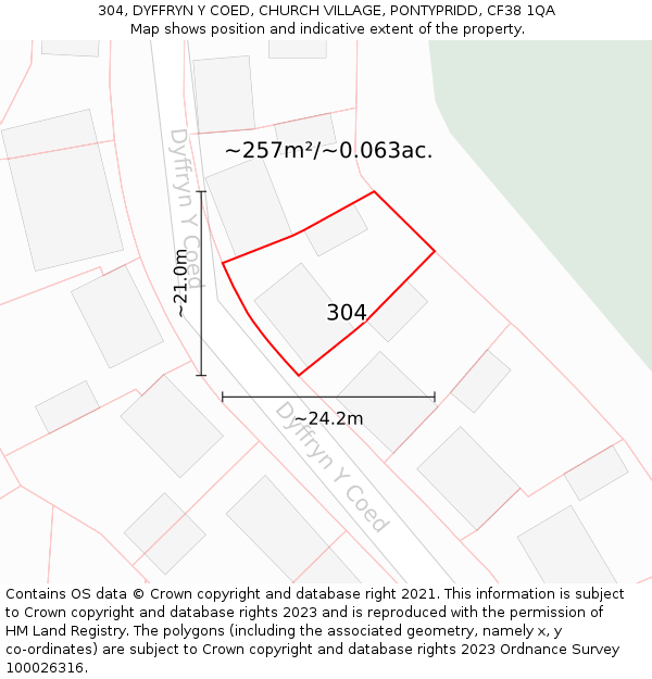 304, DYFFRYN Y COED, CHURCH VILLAGE, PONTYPRIDD, CF38 1QA: Plot and title map