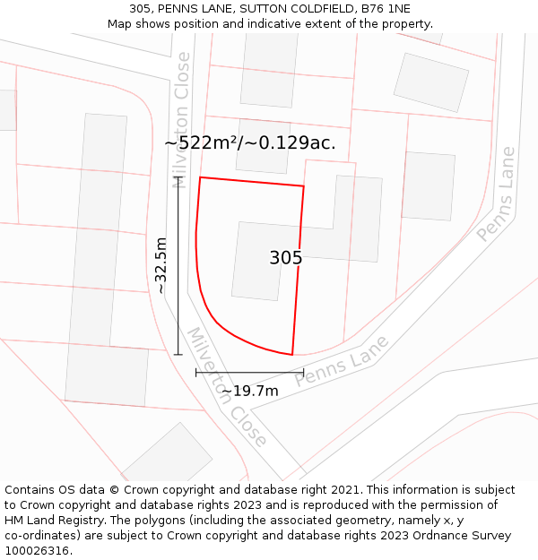 305, PENNS LANE, SUTTON COLDFIELD, B76 1NE: Plot and title map