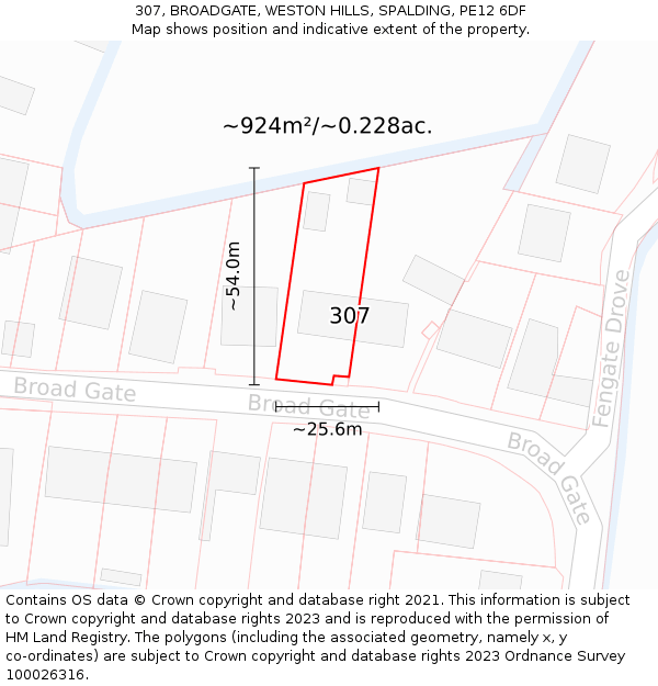 307, BROADGATE, WESTON HILLS, SPALDING, PE12 6DF: Plot and title map