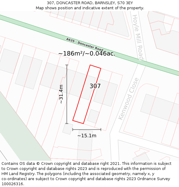 307, DONCASTER ROAD, BARNSLEY, S70 3EY: Plot and title map