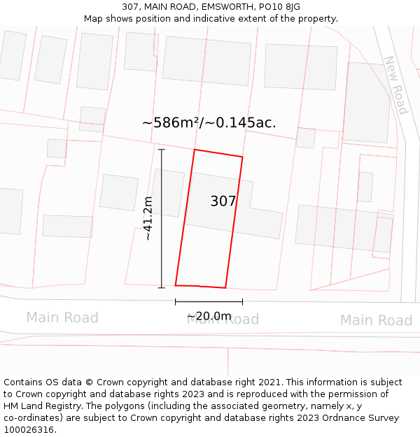 307, MAIN ROAD, EMSWORTH, PO10 8JG: Plot and title map