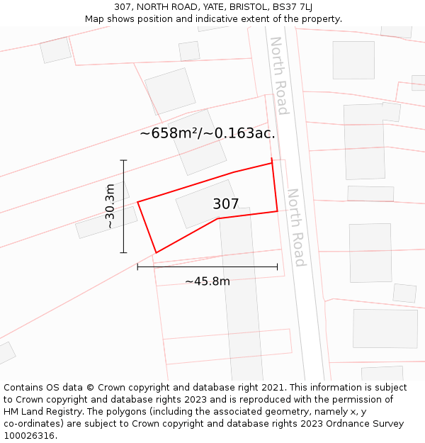 307, NORTH ROAD, YATE, BRISTOL, BS37 7LJ: Plot and title map