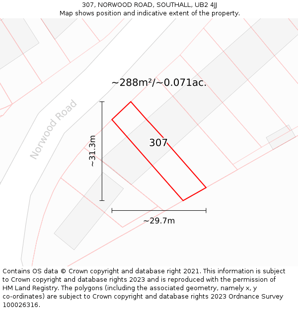 307, NORWOOD ROAD, SOUTHALL, UB2 4JJ: Plot and title map