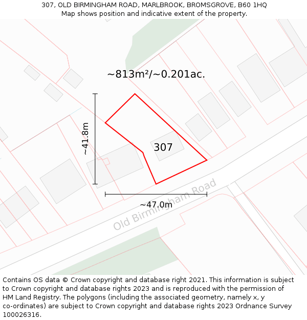 307, OLD BIRMINGHAM ROAD, MARLBROOK, BROMSGROVE, B60 1HQ: Plot and title map