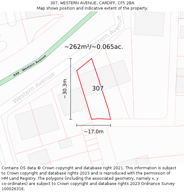307, WESTERN AVENUE, CARDIFF, CF5 2BA: Plot and title map