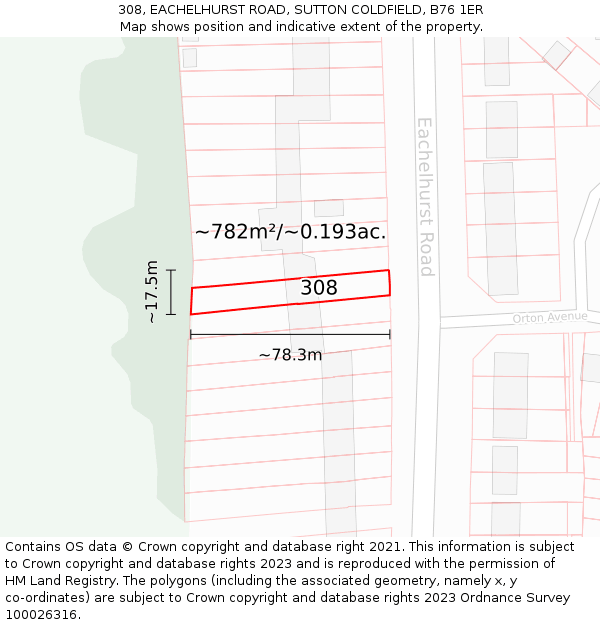 308, EACHELHURST ROAD, SUTTON COLDFIELD, B76 1ER: Plot and title map