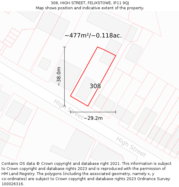 308, HIGH STREET, FELIXSTOWE, IP11 9QJ: Plot and title map