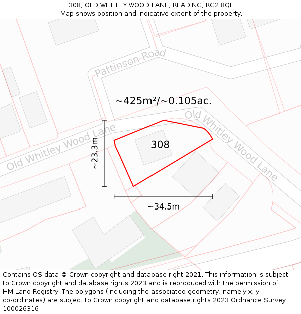 308, OLD WHITLEY WOOD LANE, READING, RG2 8QE: Plot and title map