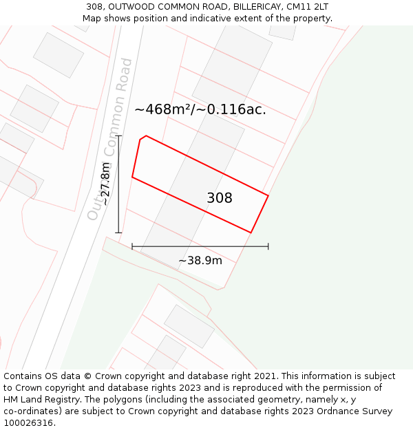308, OUTWOOD COMMON ROAD, BILLERICAY, CM11 2LT: Plot and title map