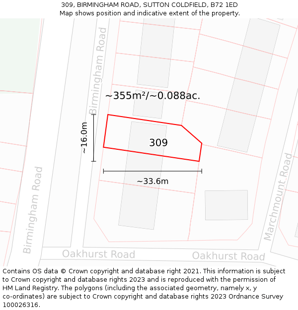 309, BIRMINGHAM ROAD, SUTTON COLDFIELD, B72 1ED: Plot and title map