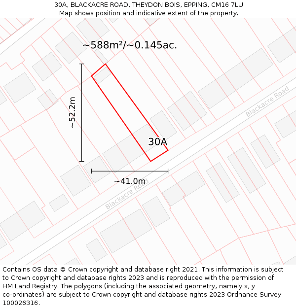 30A, BLACKACRE ROAD, THEYDON BOIS, EPPING, CM16 7LU: Plot and title map