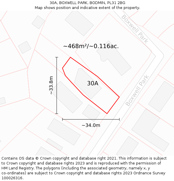 30A, BOXWELL PARK, BODMIN, PL31 2BG: Plot and title map