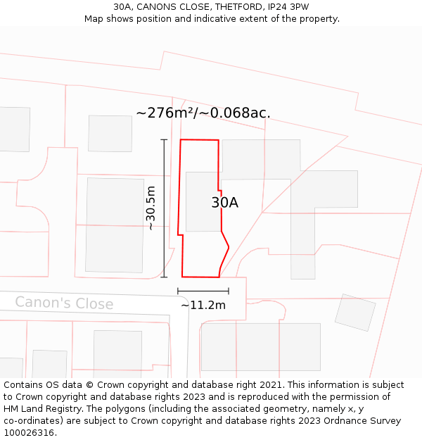 30A, CANONS CLOSE, THETFORD, IP24 3PW: Plot and title map