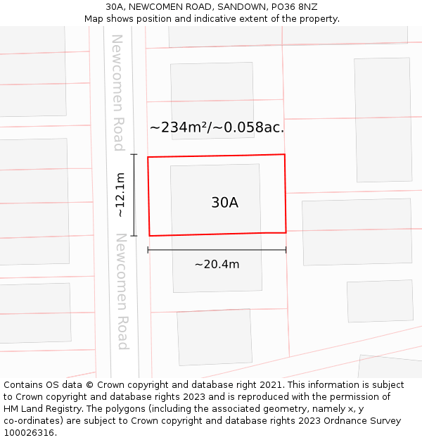 30A, NEWCOMEN ROAD, SANDOWN, PO36 8NZ: Plot and title map