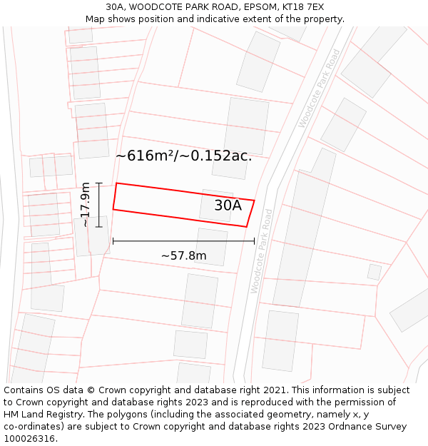 30A, WOODCOTE PARK ROAD, EPSOM, KT18 7EX: Plot and title map