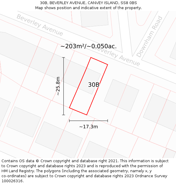 30B, BEVERLEY AVENUE, CANVEY ISLAND, SS8 0BS: Plot and title map