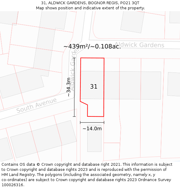 31, ALDWICK GARDENS, BOGNOR REGIS, PO21 3QT: Plot and title map
