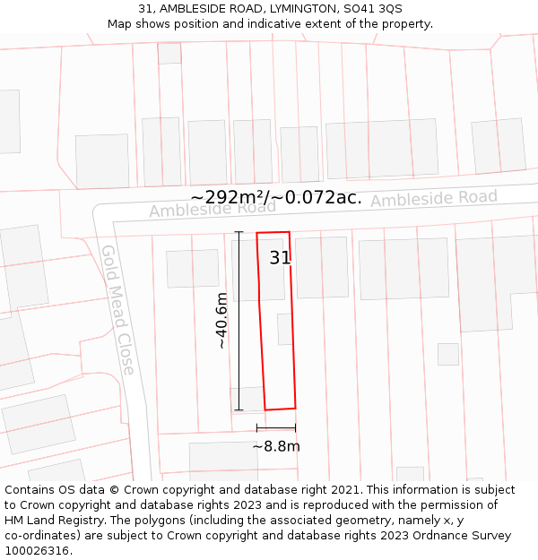 31, AMBLESIDE ROAD, LYMINGTON, SO41 3QS: Plot and title map