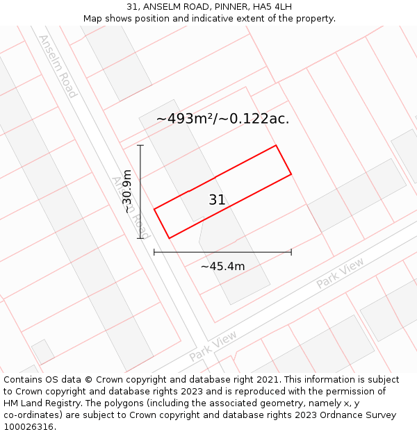 31, ANSELM ROAD, PINNER, HA5 4LH: Plot and title map
