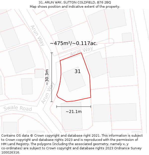 31, ARUN WAY, SUTTON COLDFIELD, B76 2BQ: Plot and title map