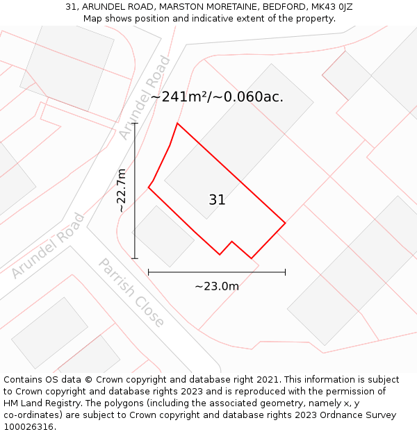 31, ARUNDEL ROAD, MARSTON MORETAINE, BEDFORD, MK43 0JZ: Plot and title map