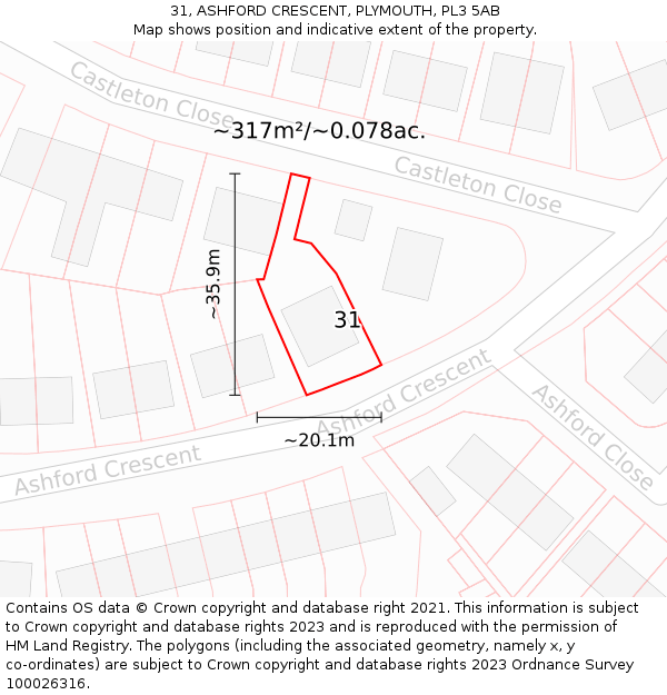 31, ASHFORD CRESCENT, PLYMOUTH, PL3 5AB: Plot and title map