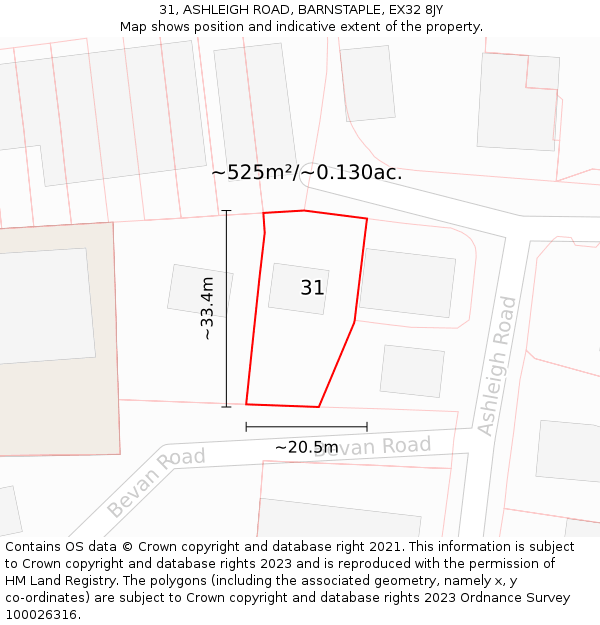31, ASHLEIGH ROAD, BARNSTAPLE, EX32 8JY: Plot and title map